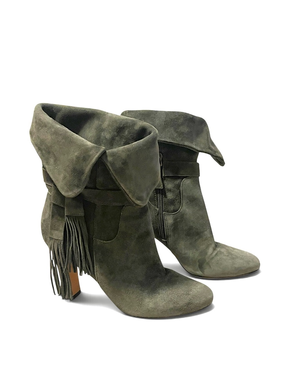 Johnston & Murphy Olive Suede Fold-Over Fringe Ankle Boots - Women